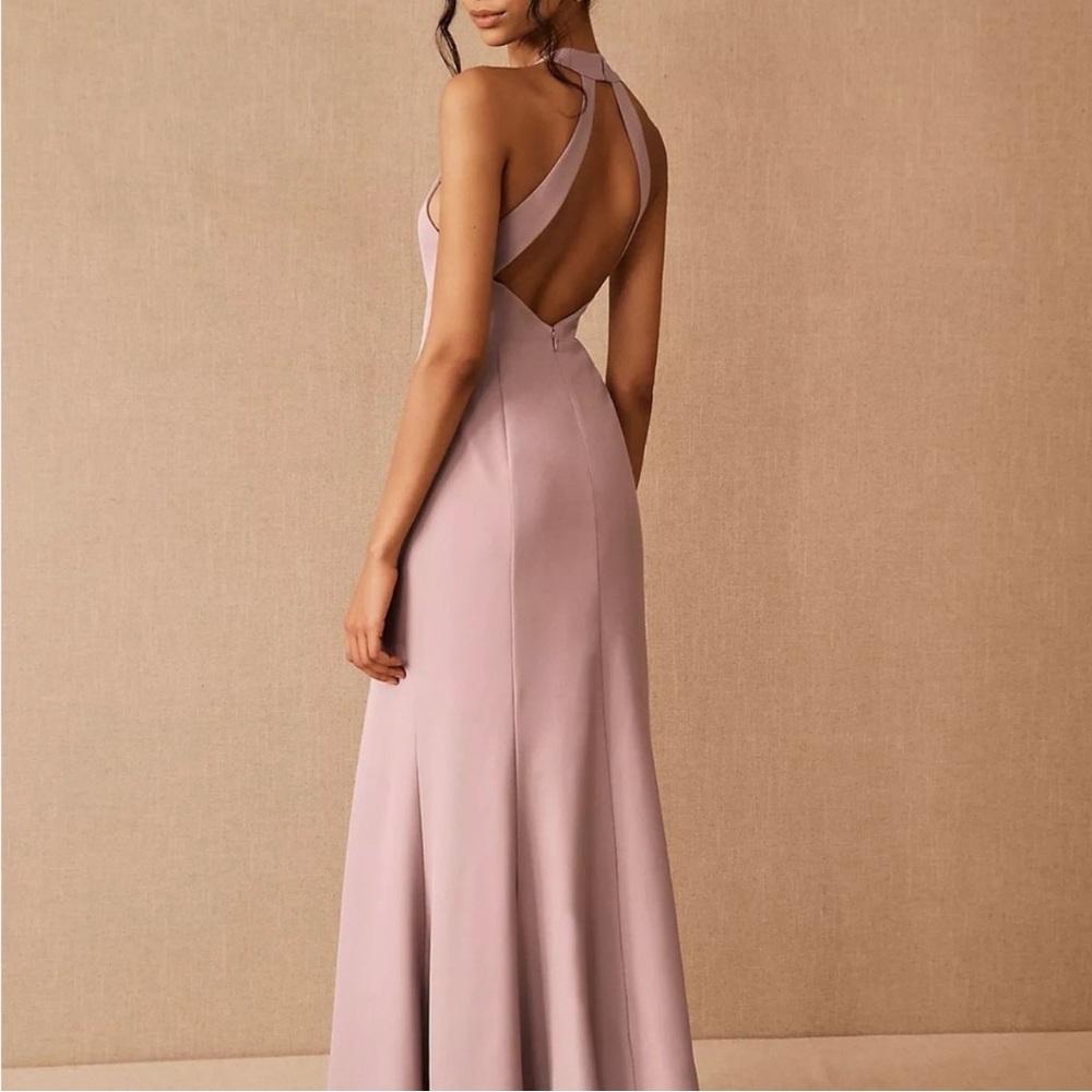 BHLDN Juliana High-Neck Side-Slit Stretch Crepe Maxi Dress size 4 Lilac Smoke.